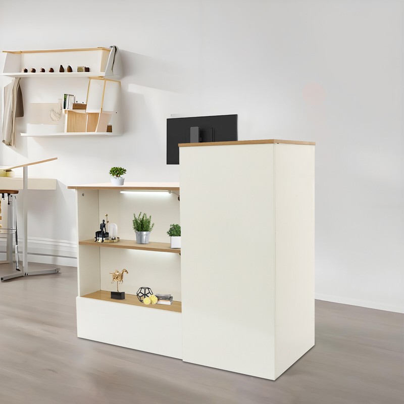 Modern Minimalist Reception Desk with Open Shelves and Locking Drawer 47.2in gallery