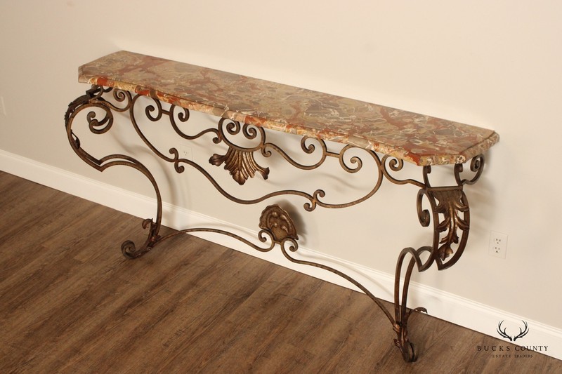 Rococo Style Custom Wrought Iron Marble Top Console Table gallery