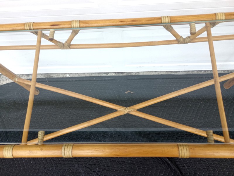 Vintage Mid Century Leather Wrapped Console Table Glass Top gallery