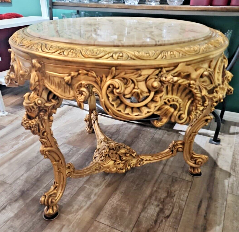 Baroque Italian Rococo Gold Round Dining table with Marble top