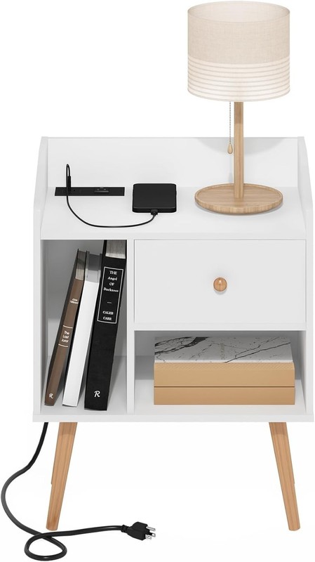 Claude Mid-Century End Table with Charging Station – White, Space-Saving Design gallery