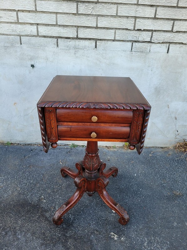 19 th century American Federal solid mahogany side/End table with 2 drawers gallery