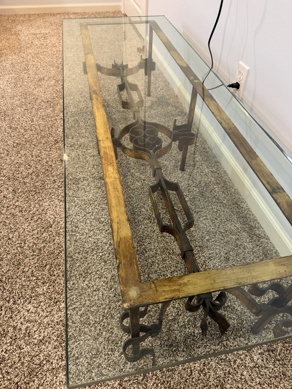 Century Gilt Wrought Iron Coffee Table Glass Top Hollywood Regency 1950s gallery