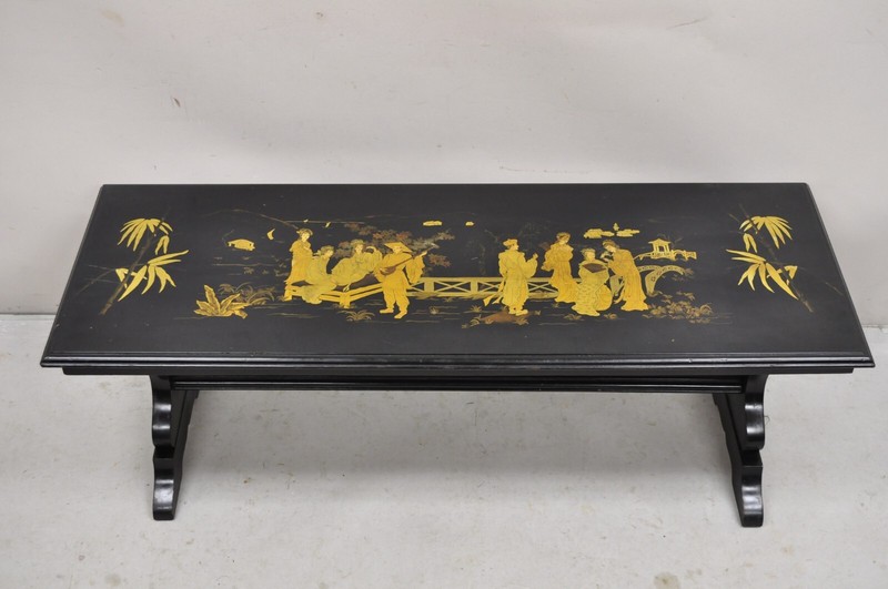 Vintage Chinoiserie Asian Inspired Black Painted Gold Gilt Trestle Coffee Table gallery