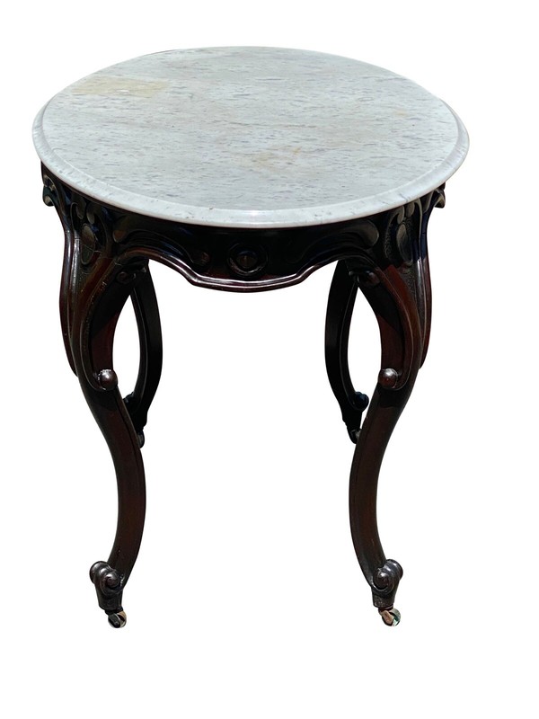 LATE 19TH CENTURY ANTIQUE VICTORIAN MARBLE TOP CARVED WALNUT OVAL PARLOR TABLE gallery