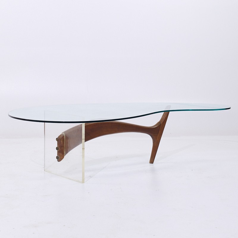 Vladimir Kagan Style Mid Century Walnut and Lucite Kidney Shaped Coffee Table