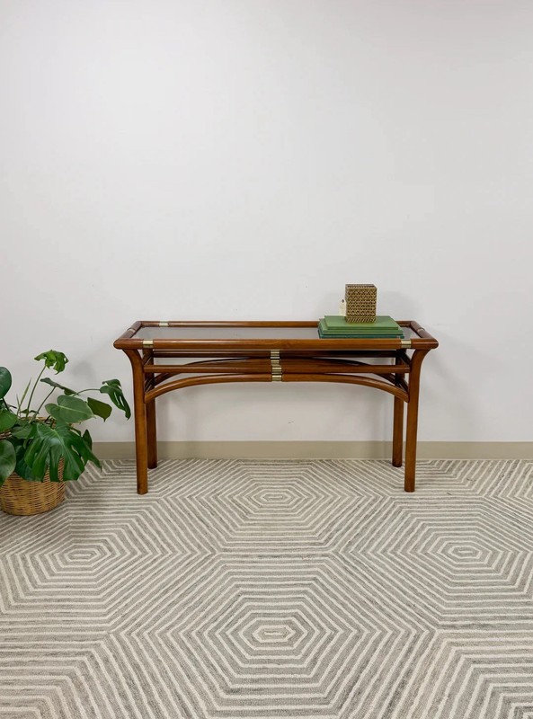 Mid Century Modern Bent Wood And Glass Console Sofa Table With Brass Inlay