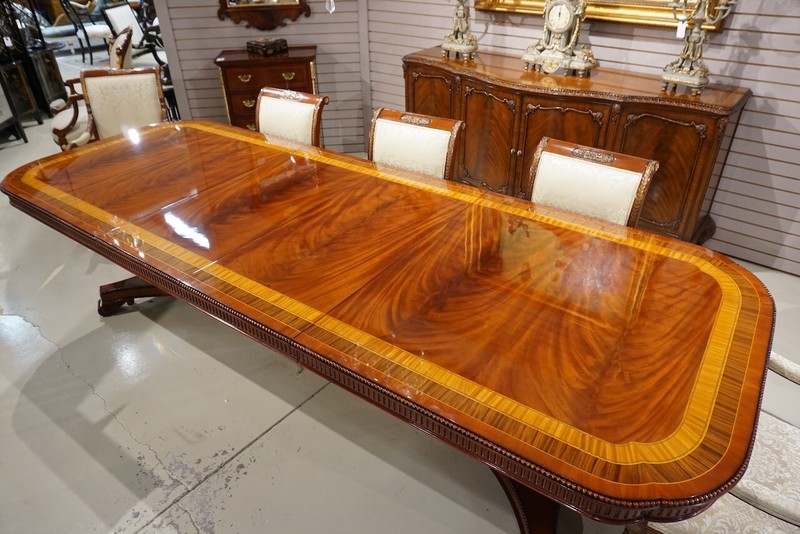Beautiful 10' Heavy traditional flamed mahogany 2 pedestal formal dining table gallery