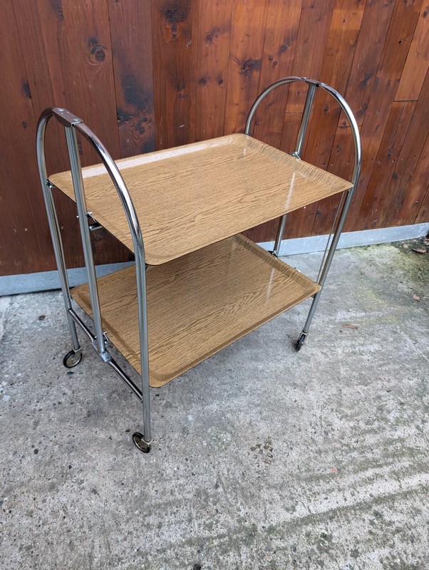 Dinette Serving Cart Tea Cart Table Side Table Oak Bar Chrome 70s WOW gallery