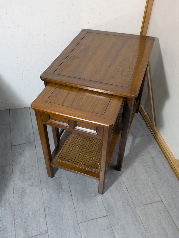 Vintage Set of 2 Hekman Nesting Tables – Wood & Cane Mid Century Modern