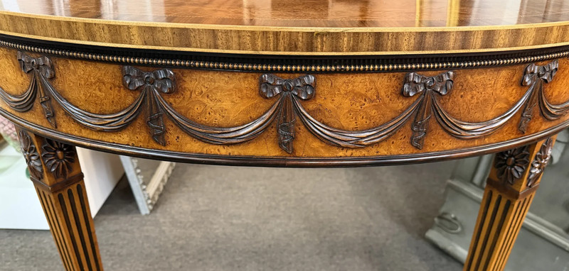 Adam Style Burled Walnut Demilune Table or Console with Banding & Ribbon Swags gallery