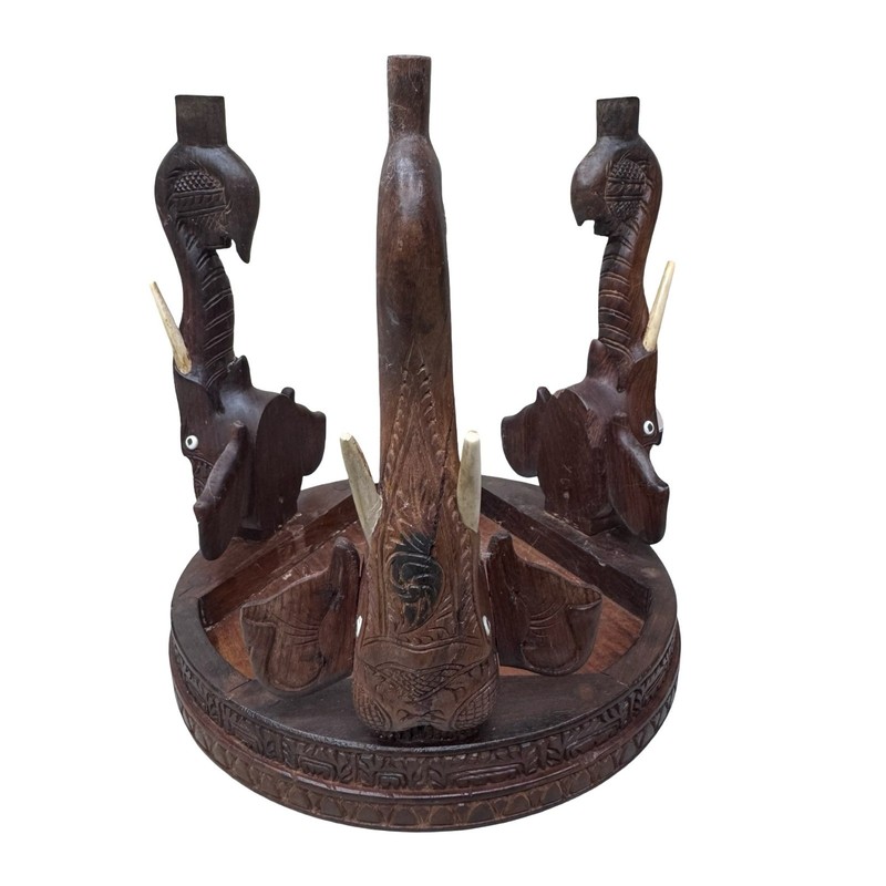 Vtg Anglo Raj Indian Hand Carved Rosewood Side Table w/ Elephant Head Trunk legs gallery