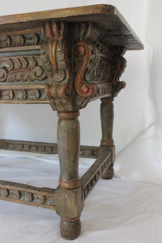 Polychrome Carved Spanish Baroque / Colonial Oak Refectory Table Circa (AF1-371) gallery