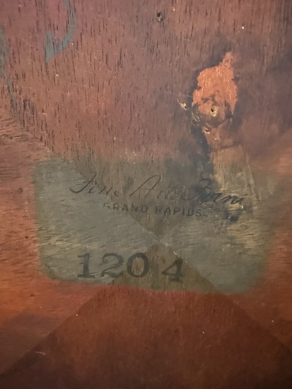 Antique Brown Oak End Table With Cork Top Signed On Bottom From Grand Rapids ￼ gallery