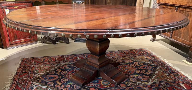 Large Round Continental Walnut Dining Table w/ Carved Pedestal and Nailwork Edge gallery