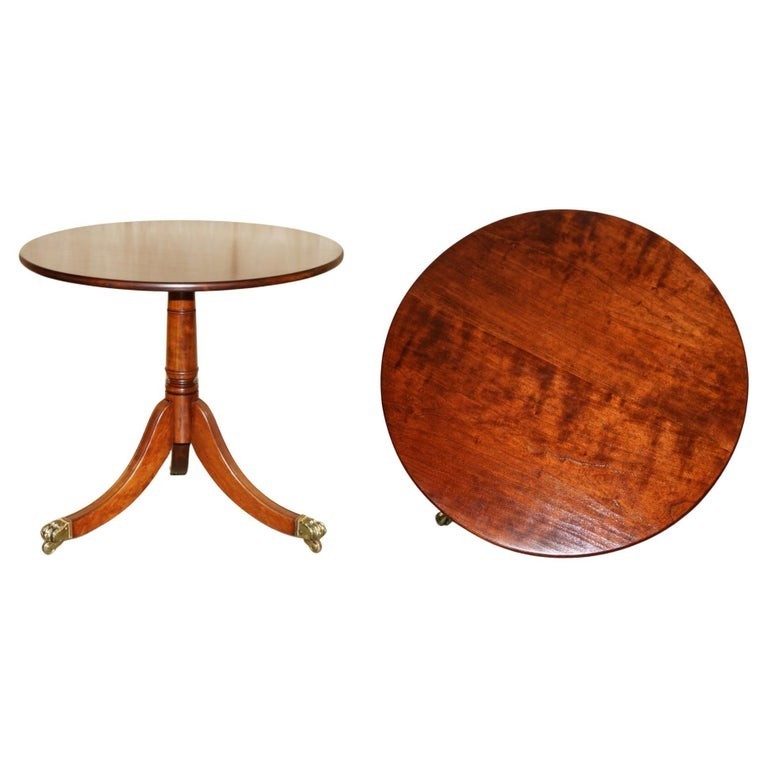 RESTORED ENGLISH MAHOGANY LARGE TRIPOD SIDE TABLE WITH BRASS LIONS PAW CASTORS