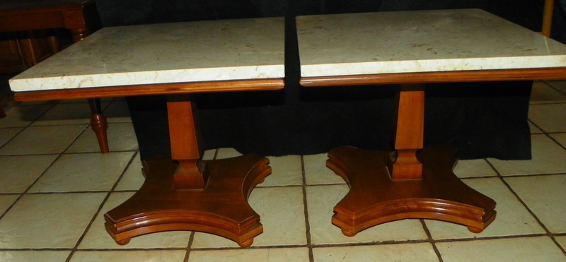 Pair Solid Cherry Mid Century Pedestal End Tables with Marble Tops (PT26) gallery