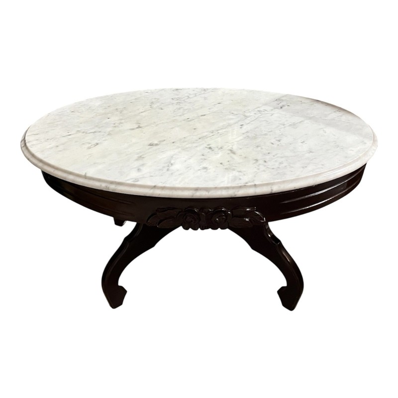 Victorian Antique Oval Marble Top Coffee Table Solid Carved Wood Heavy Classic gallery