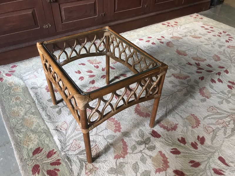 VTG BAMBOO END SIDE TABLE W/GLASS 2 AVAILABLE 20” TALL X 24 X 20” MCM BOHO gallery