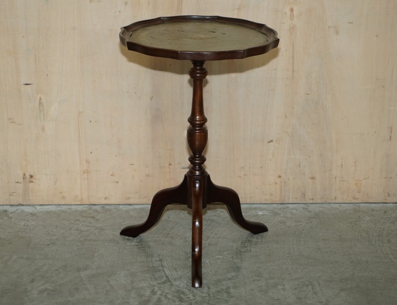LUXURY GREEN LEATHER WITH GOLD LEAF INLAY MAHOGANY TRIPOD LAMP SIDE END TABLE gallery