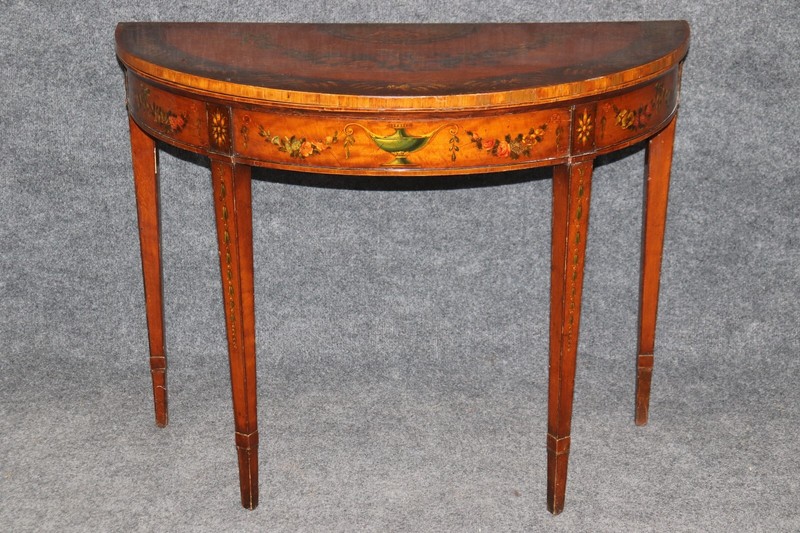 19th century English Adams Style Paint Decorated Leather Top Demilune Table