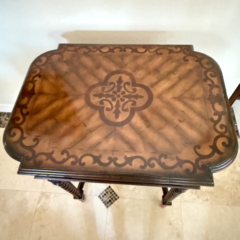 Maitland Smith Single Drawer Table Inlaid Top Barley Twist Legs Mahogany ? 31.5" gallery