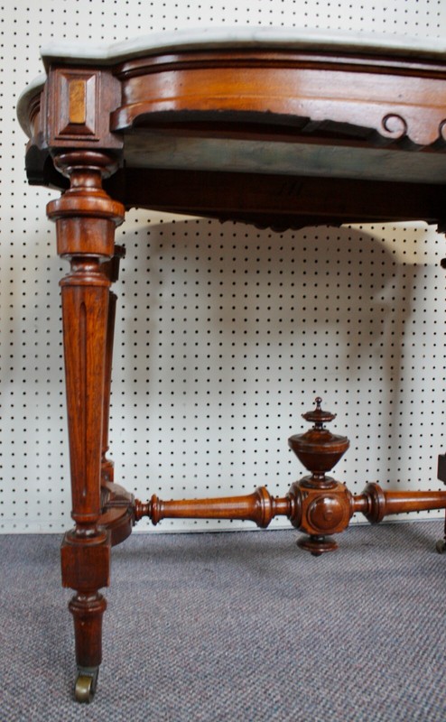 Antique Victorian Eastlake Walnut Parlor Table White Turtle Marble Top, Spire gallery