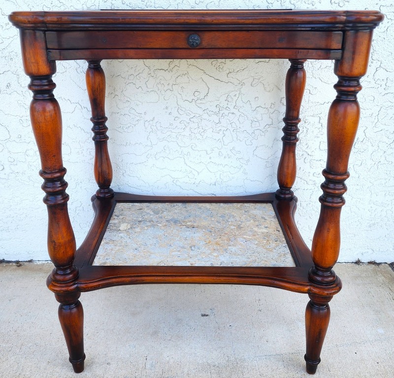 Theodore Alexander 2 Tier Mahogany & Marble Side Lamp Table With Pullout Top gallery
