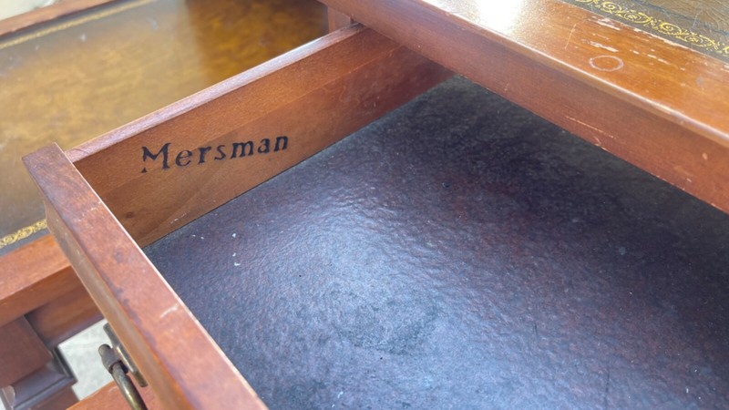 PAIR 1940s Step-Back Tooled Leather Top ANTIQUE Side End Drawer Tables Mersman gallery