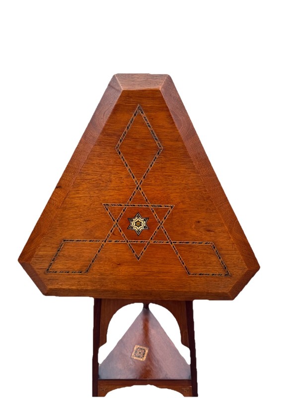 Unique Antique Arts & Crafts Tilt-Top Anglo-Moorish Inlay Cricket Table, 1890 gallery