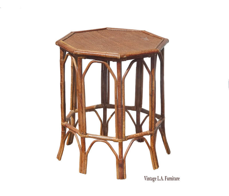 Vintage French Country Brown Bamboo Rattan Side Table ~ End Table