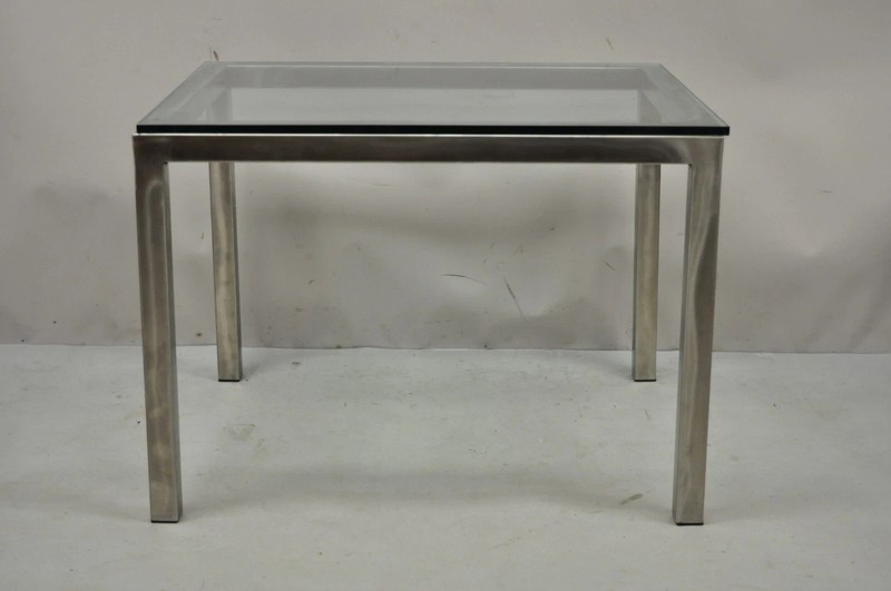 Mid Century Modern Brushed Metal Glass Top Milo Baughman Style Side Table gallery