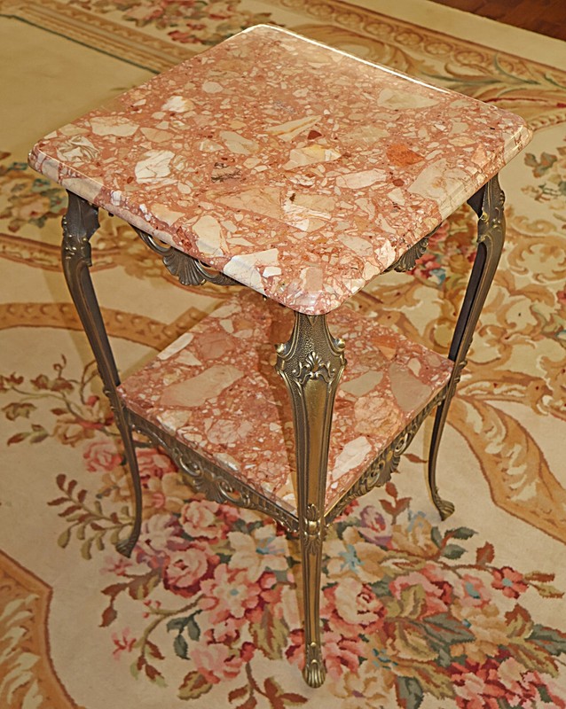 ​​Italian Square Bronze And Marble Two Tier End Table Pedestal Table gallery
