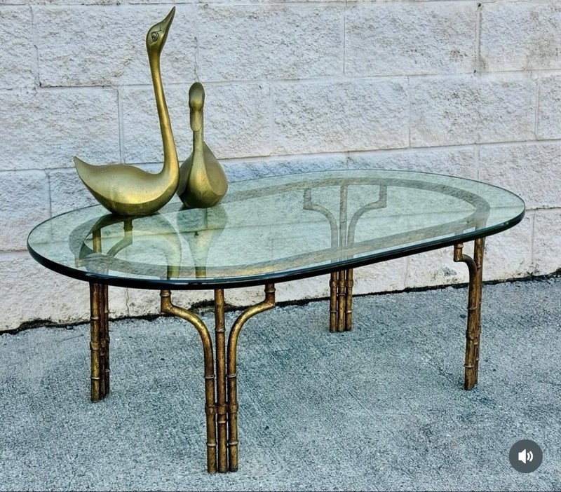 Vintage Oval Glass Gold Gilded Faux Bamboo Coffee Table Hollywood Regency