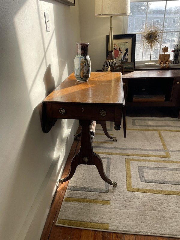 Antique Georgian Pembroke Drop-Leaf Table c. 1820 Single Drawer Brass 35x38.5x29 gallery