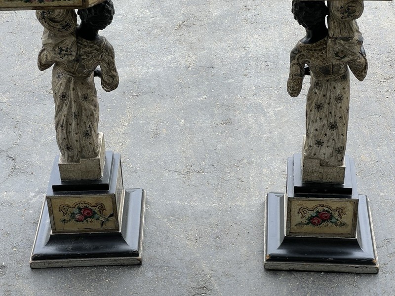 Vintage Eglomise Carved Figural Italian Side Tables a Pair gallery