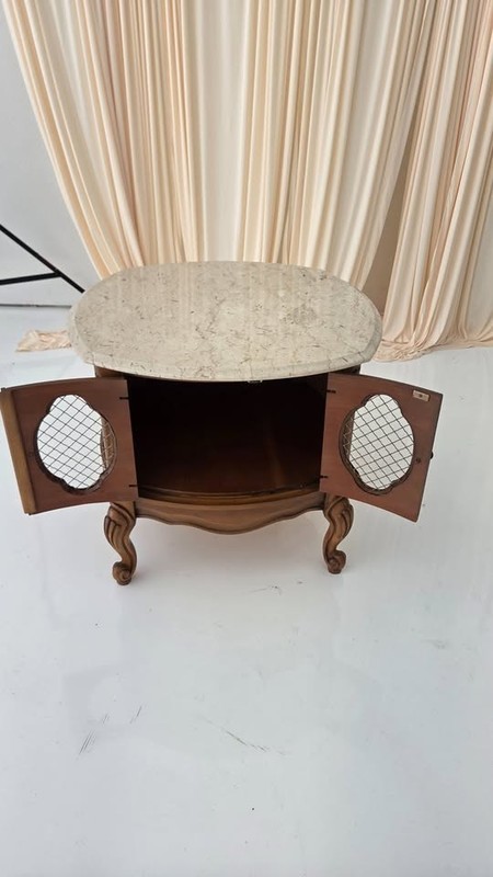 Vintage French Provincial Drum Table Made in Italy with Metal Mesh cabinet doors gallery