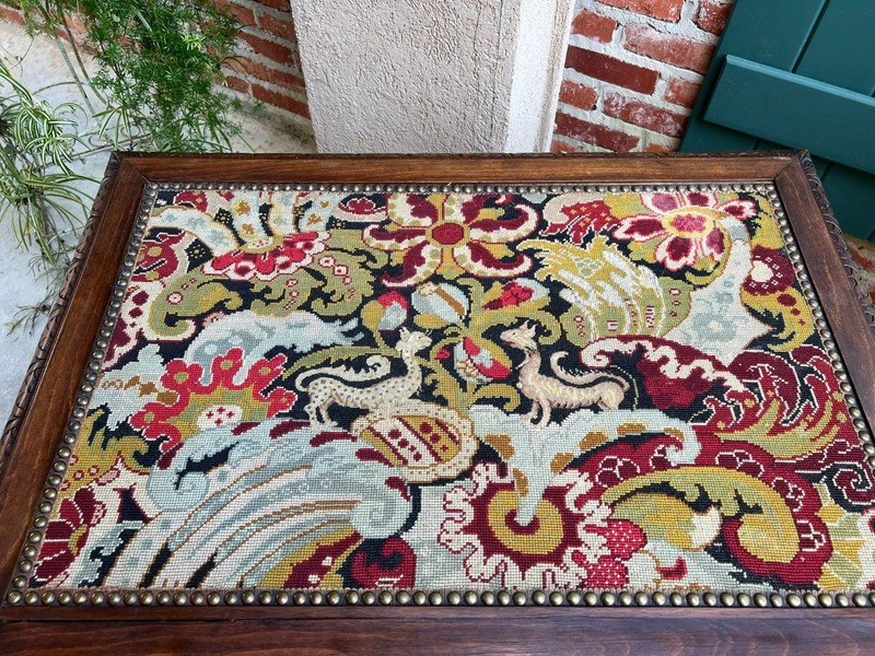 Antique French Sofa Table Writing Desk Barley Twist Carved Renaissance Tapestry gallery