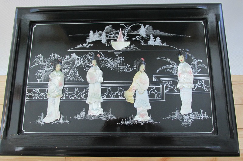 VINTAGE CHINESE NESTING/STACKING TABLES (4) MOTHER OF PEARL JADE STONE CARVINGS gallery