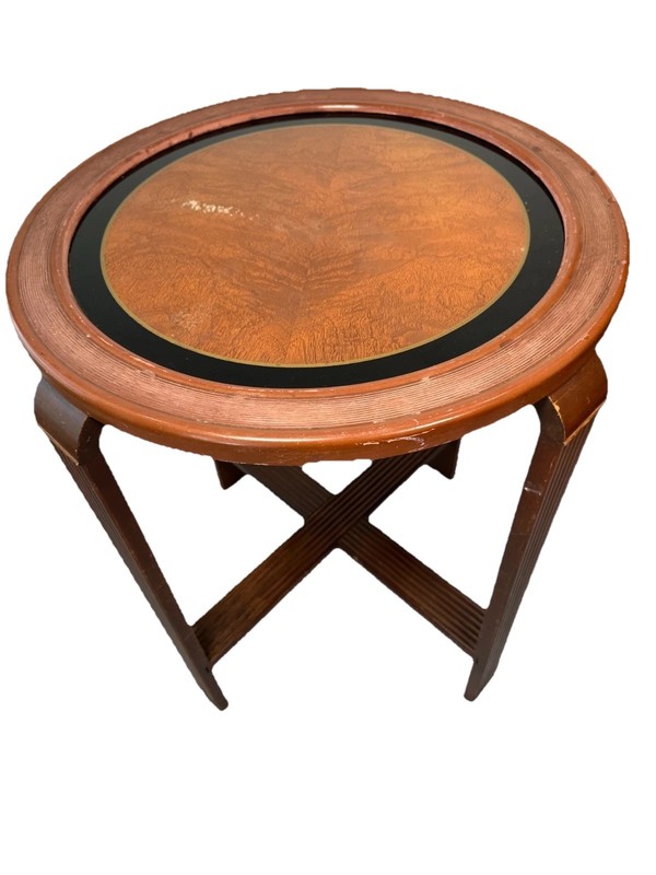 Vintage Art Deco Reverse Painted Glass Round Table Mahogany Side Accent 27″
