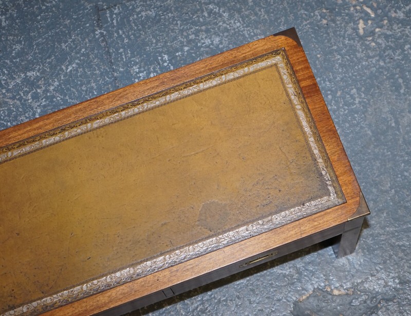 HARRODS LONDON KENNEDY MILITARY CAMPAIGN COFFEE TABLE WITH BROWN LEATHER TOP gallery