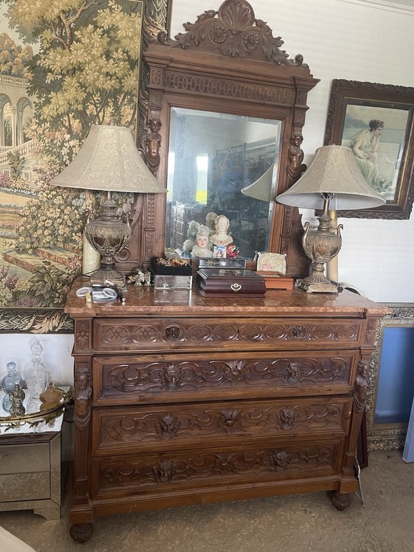 Antique French Victorian Dresser Mirror Headboards Carved Wood Lions & Statues