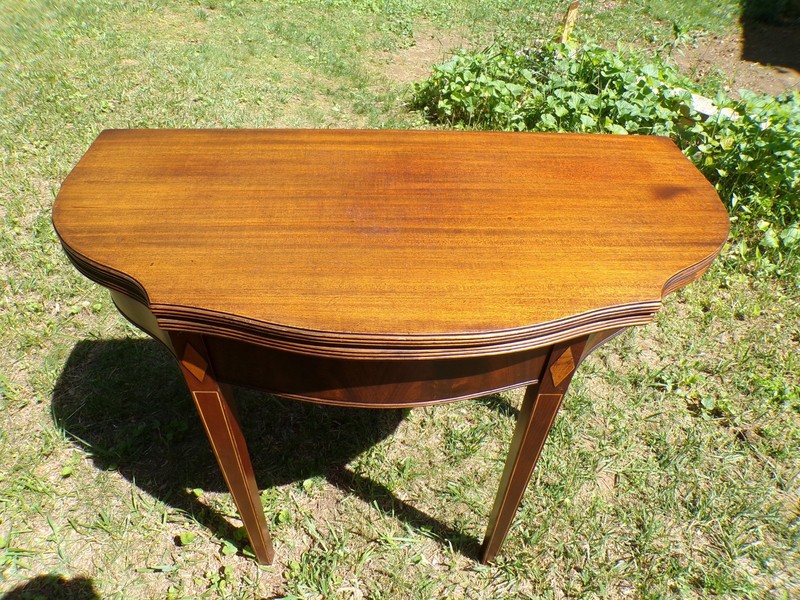 Antique Federal Style Inlaid Mahogany Game Card Table Demilune Console Table gallery