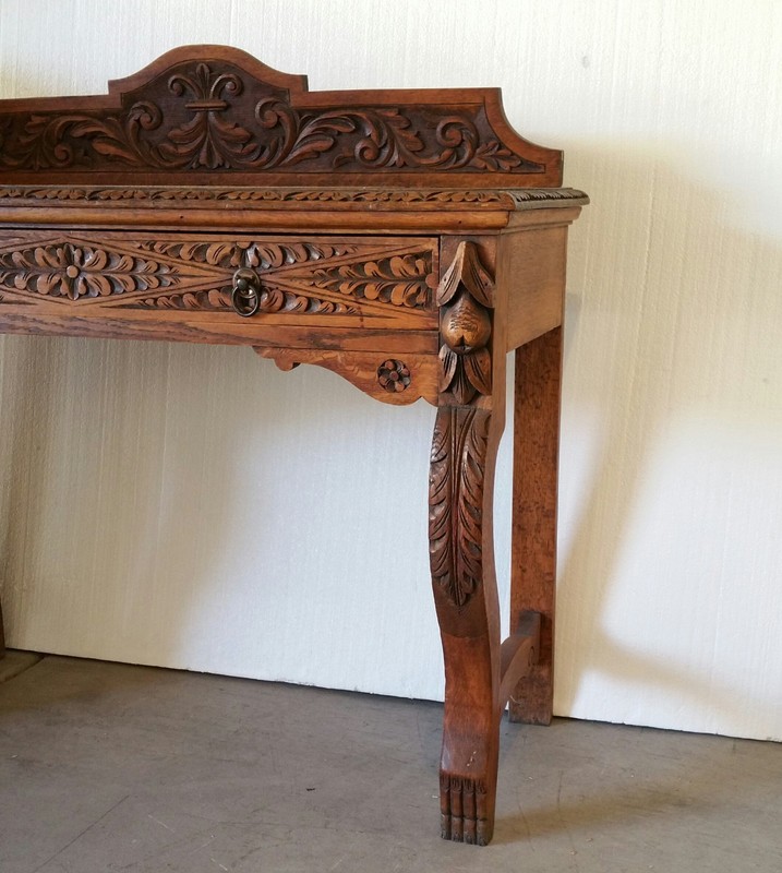 Antique Table Foyer Entry Table Beautiful Hand Carved Wood Large Center Drawer gallery