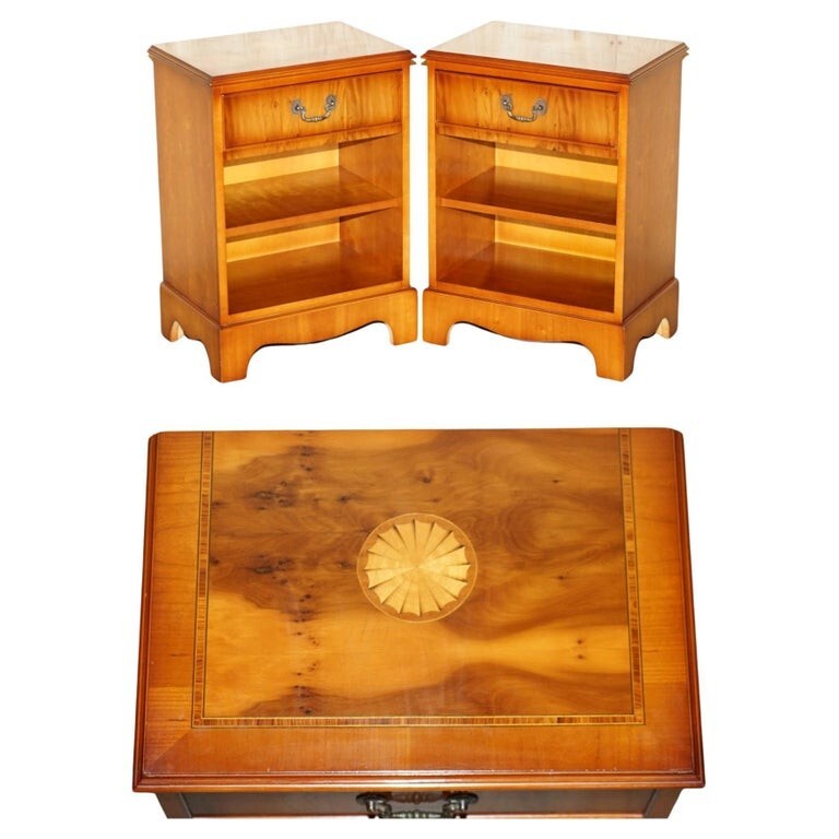 PAIR OF VINTAGE BURR WALNUT, YEW WOOD SHERATON REVIVAL LAMP SIDE END WINE TABLES