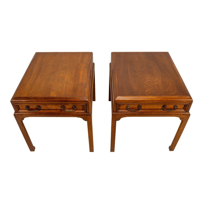 Vintage Burl Walnut Nightstands by Fine Arts Furniture W/ Brass Handles - A Pair gallery