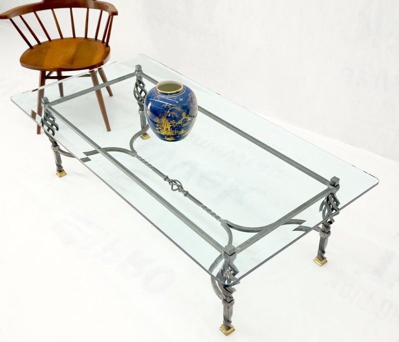 Wrought Iron Art Ornament Brass Tips Feet Glass Top Rectangle Coffee Table MINT gallery