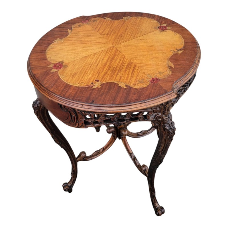 1940s Italian Walnut & Satinwood Inlay Carved Side Sofa Occasional Table gallery