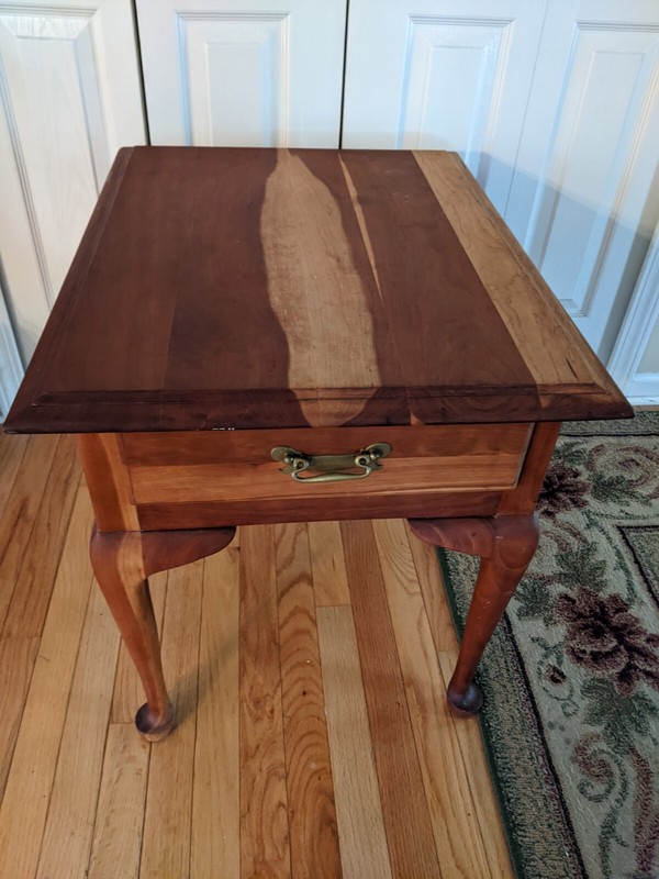 Harden Cherry Wood Side Table With Drawer: 26″ Deep X 20″ Wide X 21.5″ Tall.