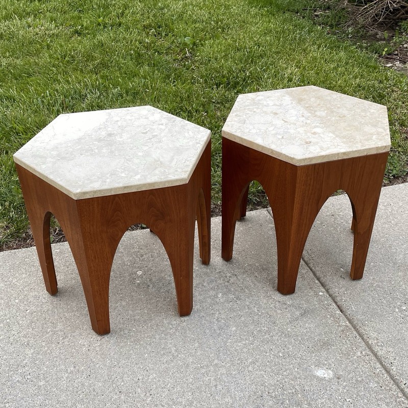 VINTAGE Harvey Probber Hexagon Travertine Marble Side Tables Pair Mid Century gallery
